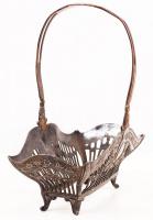 Antik kínáló kosár, fém, jelzett, üvegbetét nélkül, gazdagon díszített, 20×21 cm