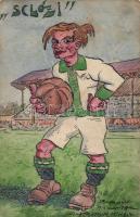 1913 FTC labdarúgó 'Slózi' (Schlosser Imre), kézzel festett képeslap s: Ifj. Kőszeghy Mihály