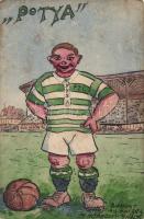 1913 FTC labdarúgó 'Potya' (Tóth István), kézzel festett képeslap s: Ifj. Kőszeghy Mihály