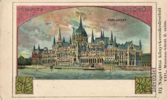 Budapest V. Parlament, Ifj. Nagel Ottó könyvkereskedésének rekláma, litho s: Rosenberger