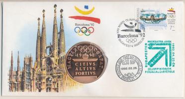 1992. "Barcelona-magyar csapat" emlékérem bélyeges borítékon, elsőnapi bélyegzéssel T:PP