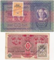 1904. 10K + 1916. 1K mindkettő K.u.k. Montenegrói bélyeggel és pecsételéssel T:II- kis szakadás,III Adamo K10Be, K3Be