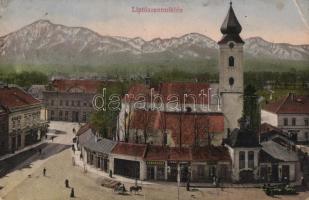 Liptószentmiklós, cukrászda, fodrász, Pewny Flórián és Belnay I. üzletei, Szent Miklós templom / confectionery, hairdresser, shops, church (EK)