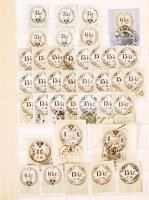 38 db CM-es okmánybélyeg leáztatva és kivágáson, nagyobb értékekkel / 38 old document stamps