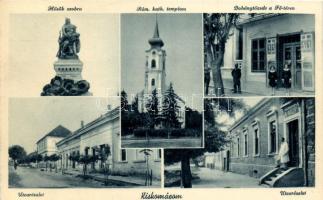 Kiskomárom, Hősök szobra, Római katolikus templom, Dohánytőzsde, főtér, utca, gyógyszertár (ragasztónyom)