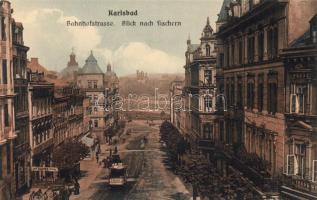 Karlovy Vary, Karlsbad; Bahnhofstrasse, Blick nach Fischern; Kunstverlag Max Eberl / street with tram