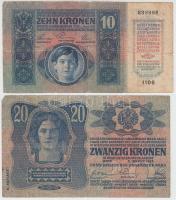 1902. 1000K + 1912. 100K piros "Deutschösterreich" felülbélyegzéssel + 1913. 20K piros &qu...