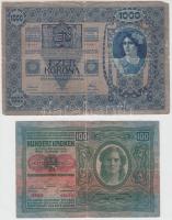 1902. 1000K + 1912. 100K piros "Deutschösterreich" felülbélyegzéssel + 1913. 20K piros &qu...