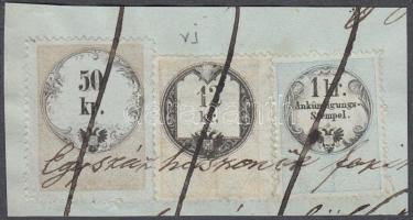 Okmánydarab 50 kr + 12 kr okmánybélyeggel + 1 kr hirdetménybélyeggel