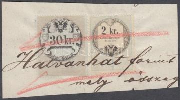 Okmánydarab 30 kr okmánybélyeggel + 2 kr hirdetménybélyeggel