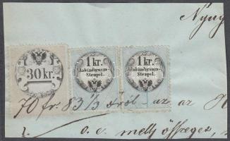 Okmánydarab 30 kr okmánybélyeggel + 1 + 1 kr hirdetménybélyeggel