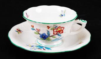 Herendi virág mintás mokkás csésze és alj, kézzel festett, jelzett, hibátlan