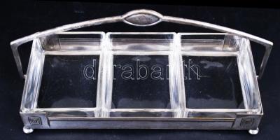 WMF kínáló, alpakka, eredeti üvegbetétekkel, egyiken apró csorba, m:16 cm, h:31 cm