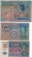 1912. 100K 1 Korona bélyeggel + 1913. 20K 20 fillér bélyeggel + 1915. 10K 10 fillér bélyeggel mindegyik román felülbélyegzéssel T:III Adamo K28Be, K17Be, K11Be