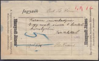 1910 Hunyadi János természetes keserűvíz szórólap, hátoldalán bolti megrendeléssel