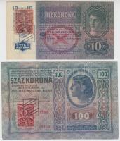 1912. 100K + 1915. 10K mindkettő csehszlovák bélyeggel és bélyegzéssel T:III Adamo K28Be, K11Be