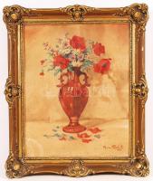 Tibai Takács Jenő (1846-1943): Virágcsendélet. Akvarell, papír, jelzett, üvegezett antik keretben, foltos, 53×40 cm