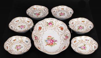 Hollóházi tálka készlet, kézzel festett, jelzett, hibátlan, 19×27,5 cm, d:13 cm