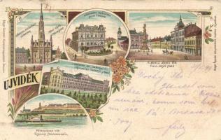 1899 Újvidék, Kamenitzi hadapród iskola, Herger Ágoston könyvkereskedése, SS Achilles / military school, bookshop, steamship, litho