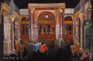 Tóth A. Pál(1933-2011): Hacsek és Sajó, TV Kabaré díszletterv. Akvarell, papír, jelzett, 50x35 cm