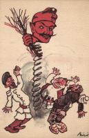 Humoros világháborús grafikai lap, kiadja a Magyar Földrajzi Intézet Rt. / Hungarian military, WWI propaganda, Krampus, humour s: Bíró