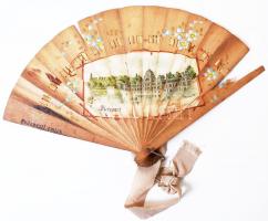 Fa legyező, rajta Budapest lithográfia, viseltes állapotban 30x18 cm