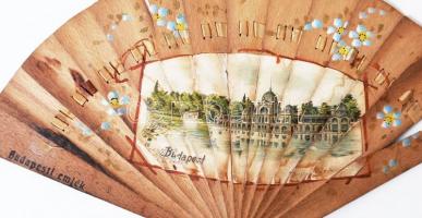 Fa legyező, rajta Budapest lithográfia, viseltes állapotban 30x18 cm