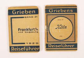 2 db német útikönyv: Frankfurt am Main und Umgebung mit Angaben für Automobilisten. Grieben Reiseführer Band 31. 36. Auflage mit 5 Karten und 4 Grundrissen. Berlin, 1929, Grieben-Verlag; Köln und Umgebung. Grieben Reiseführer Band 30. 33. Auflage mit 2 Karten und 3 Grundrissen. Berlin, 1928, Grieben-Verlag. Kiadói papírkötés, jó állapotban.