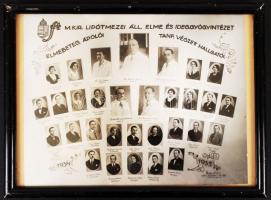1934-1935 Magyar Királyi Lipótmezei Állami Elme és Ideggyógyintézet elmebeteg ápolói tanfolyam végzett hallgatóinak tablóképe, üvegezett keretben, 22x19 cm