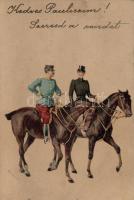 Romantic litho postcard, hussar, horses s: Geiger R.