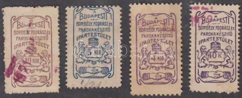 cca 1920 Budapesti Borbély, Fodrász és Parókakészítő Ipartestület 4 db tagbélyeg, 4,5,10 és 40 koronás