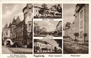 Nagykároly, Gróf Károlyi István honvédtiszti fiúnevelő intézet, Piarista rendház, Széchenyi utca, Polgári leányiskola, Fiúgimnázium / shools, institute, Piarist house, street, So. Stpl