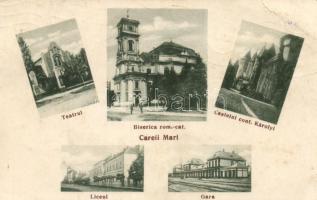 Nagykároly, theatre, Roman catholic church, Károlyi castle, lyceum, railway station (EB)