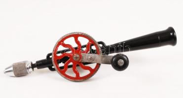 Jelzett régi fúrógép, jó állapotban, h:38 cm