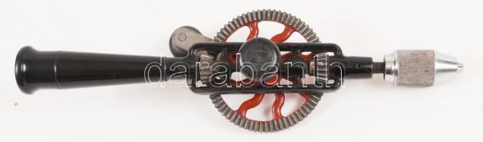 Jelzett régi fúrógép, jó állapotban, h:38 cm