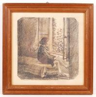 Móka jelzéssel: Kislány az ablakban. Ceruza, papír, üvegezett keretben, 20×19 cm