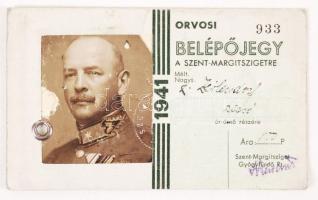 1941 Orvosi belépőjegy a Szent-Margitszigetre, fényképes igazolvány