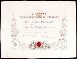 1866 Than Károly (1834-1908) aláírása a Magyar Királyi Természettudományi Társulat által kibocsátott viaszpecsétes oklevélen, melyben Plikta Samut a társaság rendes tagjává választják