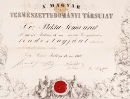 1866 Than Károly (1834-1908) aláírása a Magyar Királyi Természettudományi Társulat által kibocsátott...