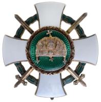 1943. "A Magyar Szent Korona-rend tisztikeresztje hadidíszítménnyel és kardokkal" zománcozott kitüntetés, a medalion hátsó fedőlapján "1942"-s alapítói évszámmal (38.6g/51mm) T:1- Hungary 1943. "Order of the Hungarian Holy Crown, Officers Cross with war decoration and swords" enamelled badge C:AU NMK 463.