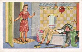 'Hol jártál az éjszaka?' humour; Kaszás Jámbor stílusú humoros képeslap (EK)