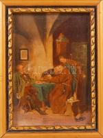 Olvashatatlan jelzéssel: Kártyázók. Olaj, farost, sérült keretben, 15×10 cm