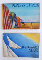 2 azonos könyv 2 nyelven-Die Seebäder Italiens / Plages D'Italie. Milano, 1934, Ferrovie Dello Stato. Fotókkal, térképekkel illusztrált, kiadói papírkötés, foltos, kopottas állapotban, a német nyelvű kiadásban a 223-263. oldalig hiányoznak a lapok.