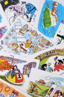 Közlekedési karikatúrák - 18 db MODERN, használatlan humoros grafikai motívumlap, saját papírtokjában, szignós (Hegedűs, Balázs-Piri, Mészáros)  / set of Hungarian humorous art postcards