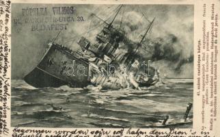 Az osztrák-magyar tengeralattjáró által megtorpedózott francia páncélos 'Leon Gambetta' pusztulása; Hadsegélyező, Pallas Nyomda / K.u.K. navy, battle scene (fa)