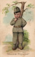 Wann ist der Krieg zu Ende? young soldier, peace propaganda, litho