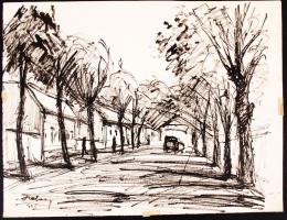 Olvashatatlan jelzéssel: Utca részlet. Tus, papír, 23×30 cm