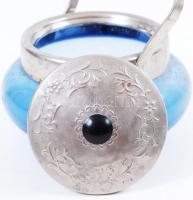 Fém fedeles füles bonbonier, üveg alj, hibátlan, m:8 cm, d:12 cm