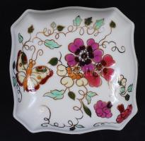 Zsolnay pillangós mintás ékszeres doboz, kézzel festett, jelzett, hibátlan, 10,5×10,5 cm