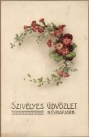 Hungarian greeting card, name day, floral, litho